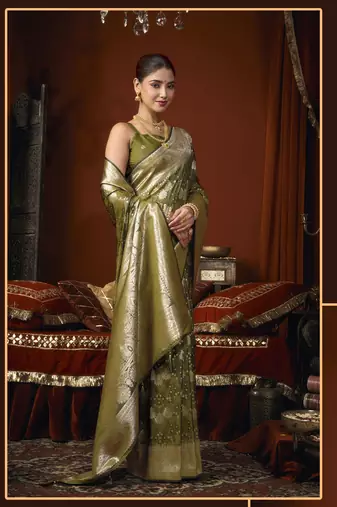 mehandi jacquard soft rich zari weaving & tassels saree