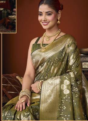 mehandi jacquard soft rich zari weaving & tassels saree 3