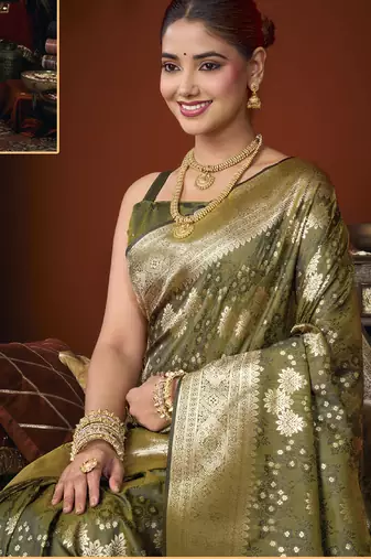 mehandi jacquard soft rich zari weaving & tassels saree