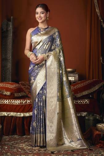 steel blue jacquard soft rich zari weaving & tassels saree