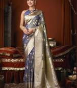 steel blue jacquard soft rich zari weaving & tassels saree