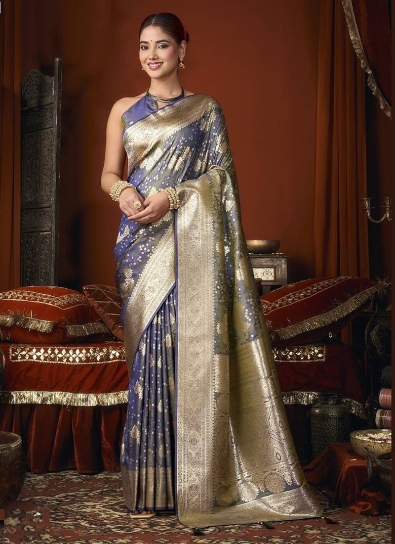 steel blue jacquard soft rich zari weaving & tassels saree