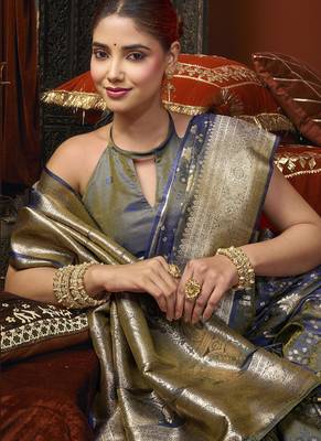 steel blue jacquard soft rich zari weaving & tassels saree 2