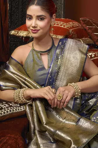 steel blue jacquard soft rich zari weaving & tassels saree