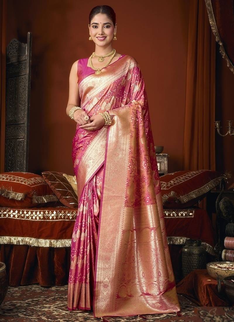 rasberry jacquard soft rich zari weaving & tassels saree