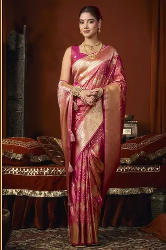 rasberry jacquard soft rich zari weaving & tassels saree