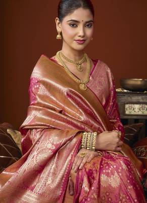 rasberry jacquard soft rich zari weaving & tassels saree 3