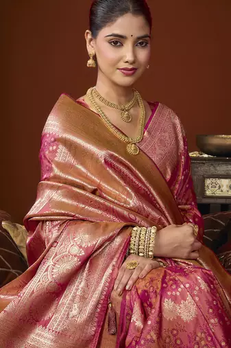 rasberry jacquard soft rich zari weaving & tassels saree
