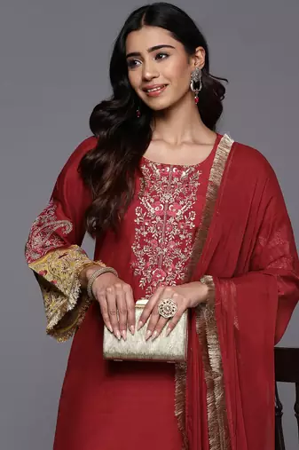 Embroidered Regular Kurta with Trousers & Dupatta