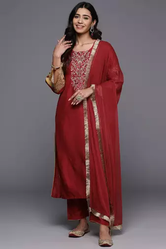 Embroidered Regular Kurta with Trousers & Dupatta