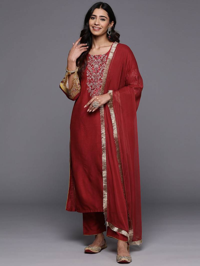 Embroidered Regular Kurta with Trousers & Dupatta