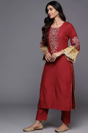 Embroidered Regular Kurta with Trousers & Dupatta