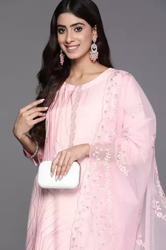 Printed Regular Thread Work Pure Silk Kurta with Trousers & Dupatta