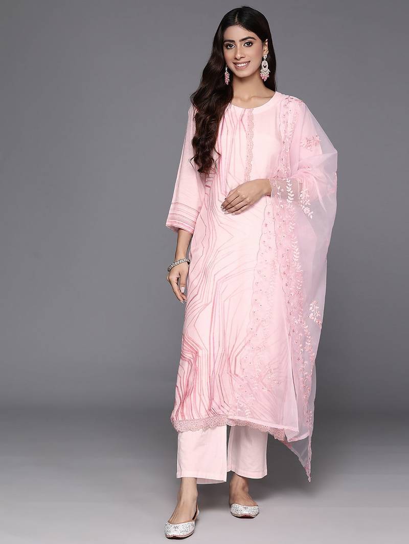 Printed Regular Thread Work Pure Silk Kurta with Trousers & Dupatta