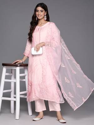 Printed Regular Thread Work Pure Silk Kurta with Trousers & Dupatta 8