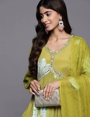 Women Floral Print Empire Mirror Work Pure Silk Kurta with Trousers & Dupatta 2