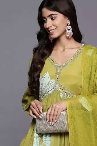 Women Floral Print Empire Mirror Work Pure Silk Kurta with Trousers & Dupatta