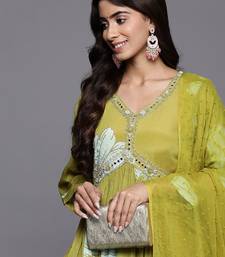 Women Floral Print Empire Mirror Work Pure Silk Kurta with Trousers & Dupatta