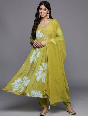 Women Floral Print Empire Mirror Work Pure Silk Kurta with Trousers & Dupatta 1