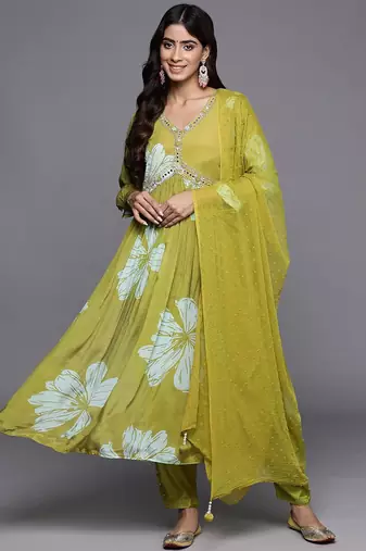 Women Floral Print Empire Mirror Work Pure Silk Kurta with Trousers & Dupatta