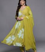 Women Floral Print Empire Mirror Work Pure Silk Kurta with Trousers & Dupatta