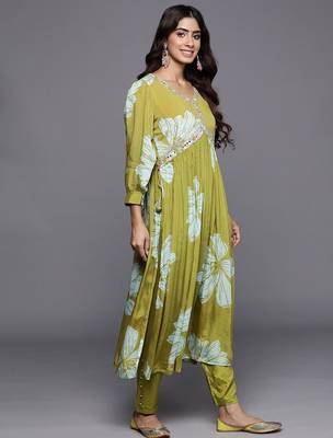 Women Floral Print Empire Mirror Work Pure Silk Kurta with Trousers & Dupatta 6
