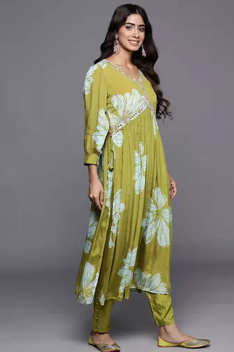 Women Floral Print Empire Mirror Work Pure Silk Kurta with Trousers & Dupatta