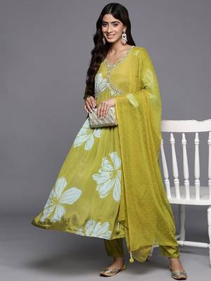 Women Floral Print Empire Mirror Work Pure Silk Kurta with Trousers & Dupatta 8