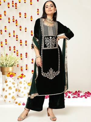 Green Ethnic Motifs Embroidered Velvet Straight Kurta & Palazzos With Dupatta 1