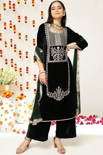 Green Ethnic Motifs Embroidered Velvet Straight Kurta & Palazzos With Dupatta