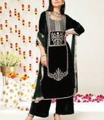 Green Ethnic Motifs Embroidered Velvet Straight Kurta & Palazzos With Dupatta