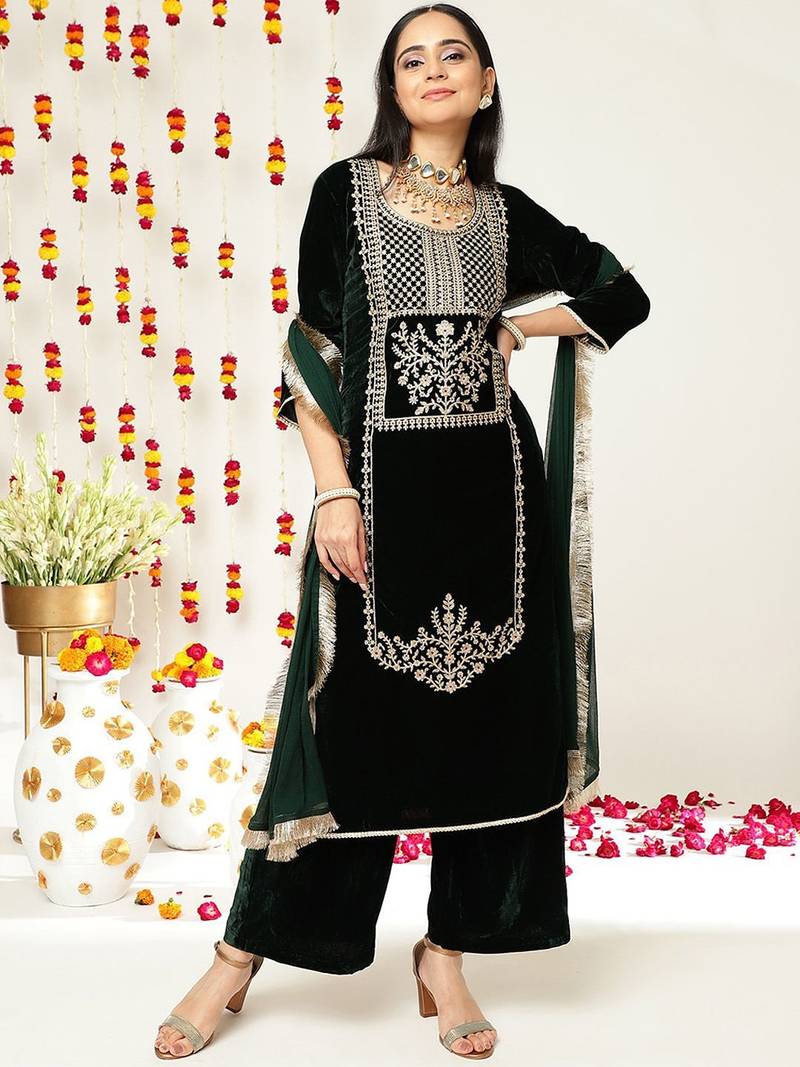 Green Ethnic Motifs Embroidered Velvet Straight Kurta & Palazzos With Dupatta
