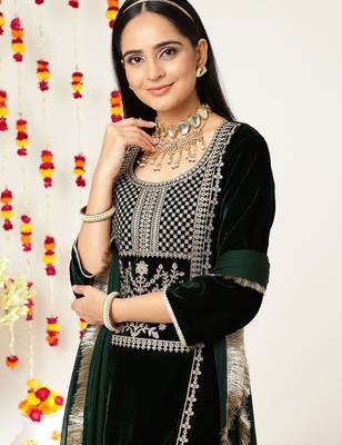 Green Ethnic Motifs Embroidered Velvet Straight Kurta & Palazzos With Dupatta 2