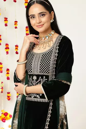 Green Ethnic Motifs Embroidered Velvet Straight Kurta & Palazzos With Dupatta