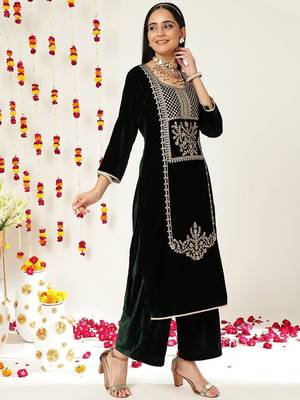 Green Ethnic Motifs Embroidered Velvet Straight Kurta & Palazzos With Dupatta 4