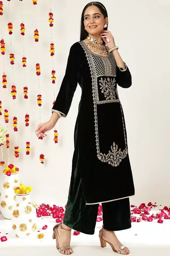 Green Ethnic Motifs Embroidered Velvet Straight Kurta & Palazzos With Dupatta