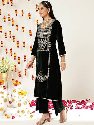 Green Ethnic Motifs Embroidered Velvet Straight Kurta & Palazzos With Dupatta 5