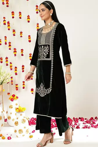 Green Ethnic Motifs Embroidered Velvet Straight Kurta & Palazzos With Dupatta