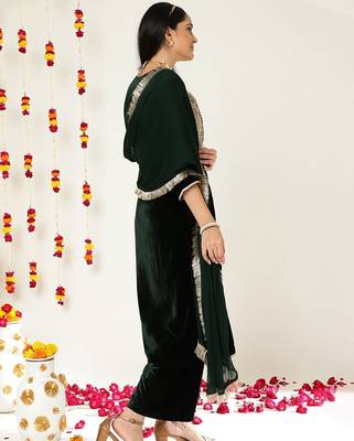 Green Ethnic Motifs Embroidered Velvet Straight Kurta & Palazzos With Dupatta 6