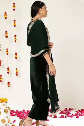 Green Ethnic Motifs Embroidered Velvet Straight Kurta & Palazzos With Dupatta