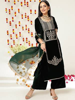 Green Ethnic Motifs Embroidered Velvet Straight Kurta & Palazzos With Dupatta 7