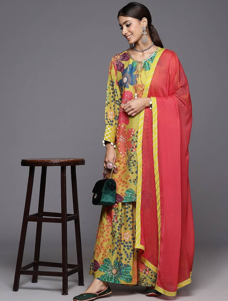 Printed Regular Sequinned Kurta with Sharara & Dupatta