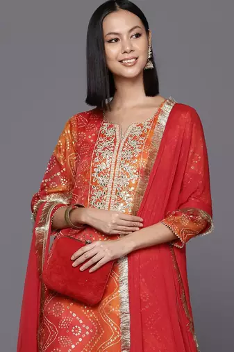 Women Bandhani Printed Kurta With Trousers & Dupatta
