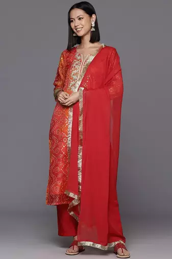 Women Bandhani Printed Kurta With Trousers & Dupatta