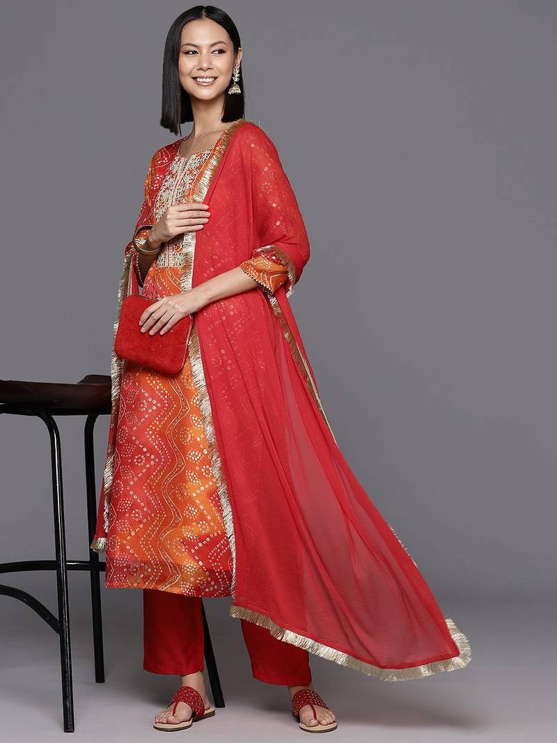 Women Bandhani Printed Kurta With Trousers & Dupatta