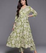 Women Floral Printed Angrakha Pure Cotton Kurta with Trousers