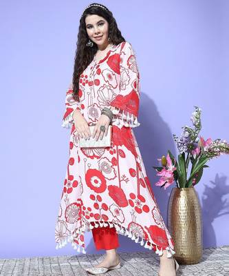 Winter Floral Printed V-Neck A-Line Woolen Kurta Set with Tesselled Hem 1