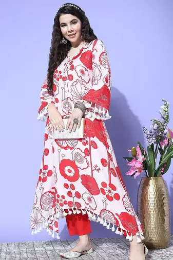 Winter Floral Printed V-Neck A-Line Woolen Kurta Set with Tesselled Hem