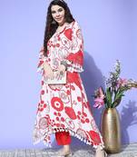 Winter Floral Printed V-Neck A-Line Woolen Kurta Set with Tesselled Hem