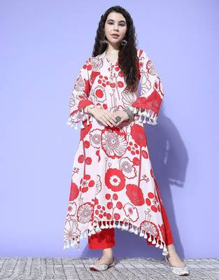 Winter Floral Printed V-Neck A-Line Woolen Kurta Set with Tesselled Hem 3